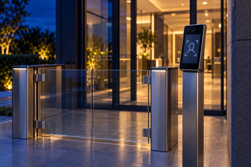 Leitor de reconhecimento facial ao lado de uma catraca de vidro na entrada de um edifício
