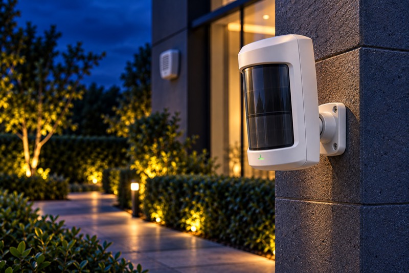 Sensor de presença externo instalado na parede de um edifício, voltado para o jardim