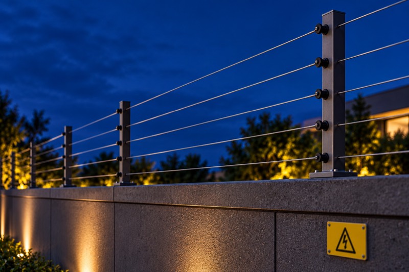 Cerca elétrica instalada no topo de um muro moderno, com placa de advertência